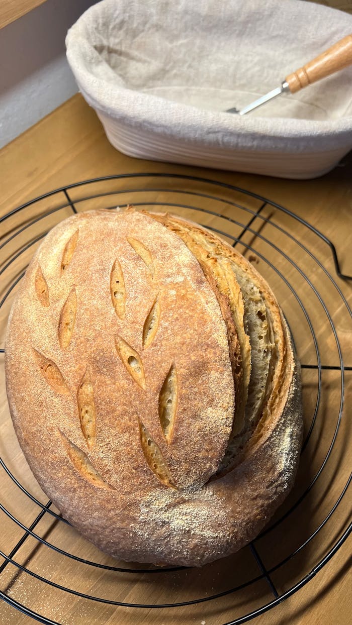 Offerings Golden brown sourdough bread with leaf patterns cooling beside a proofing basket.